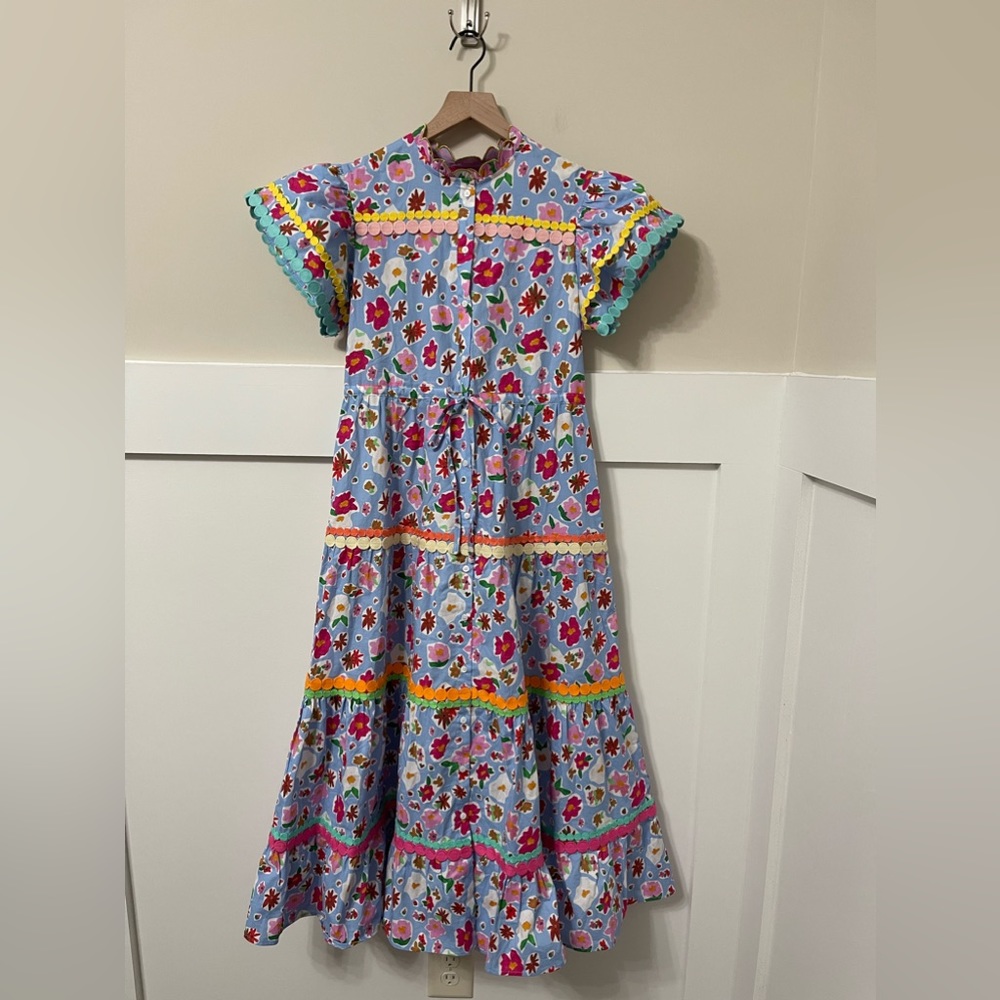 CeliaB Blue Floral Tiered Midi Dress with Multicolor Trim - Picture 2 of 7